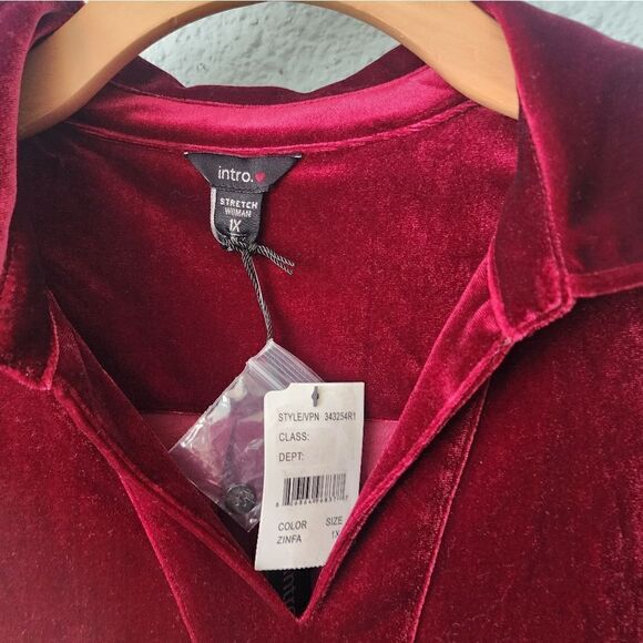 INTRO. blouse velvet pullover quarter button up long sleeve tunic style blouse - Picture 4 of 9